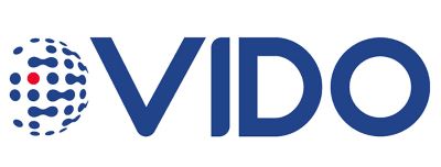 VIDO logo blue with blue dot global that has a single red dot