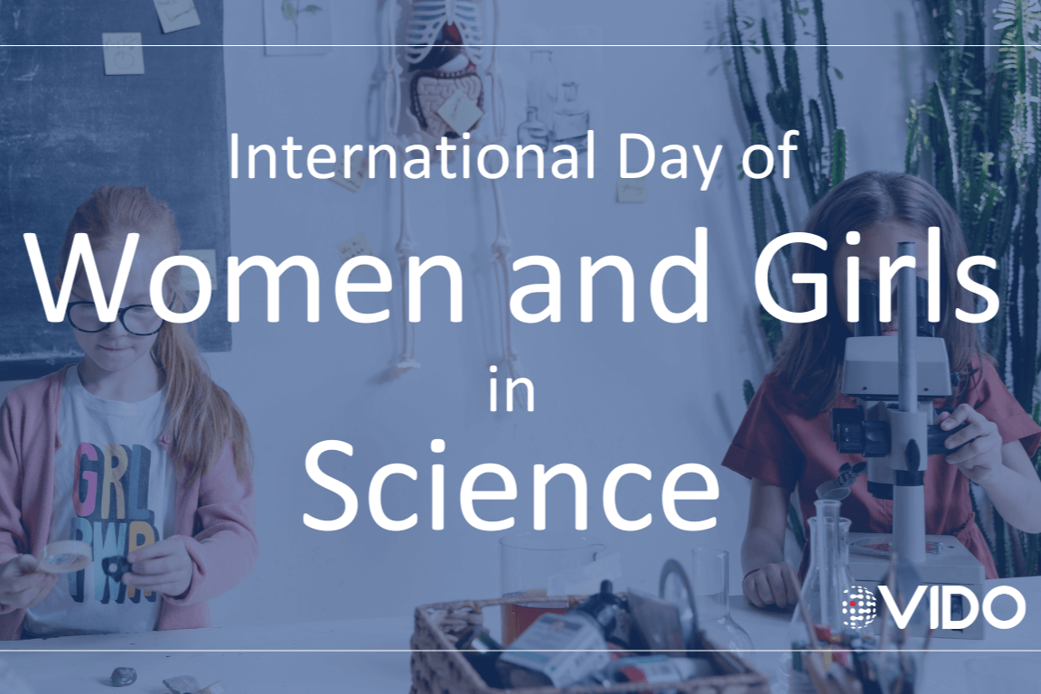 Graphic that says International Day of Women and Girls in Science with background photo of little girls doing science'y things