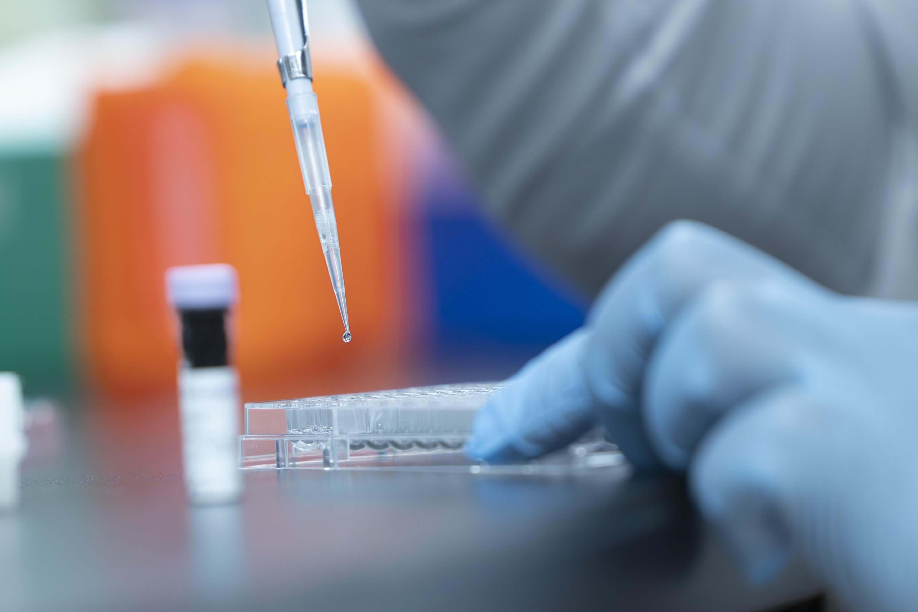 a hand in a blue sterile glove pipetting a small amount of liquid