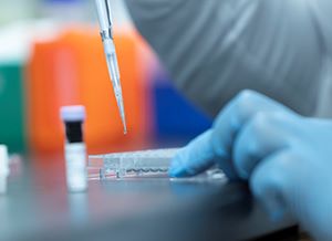 blue gloved hands using a pipette